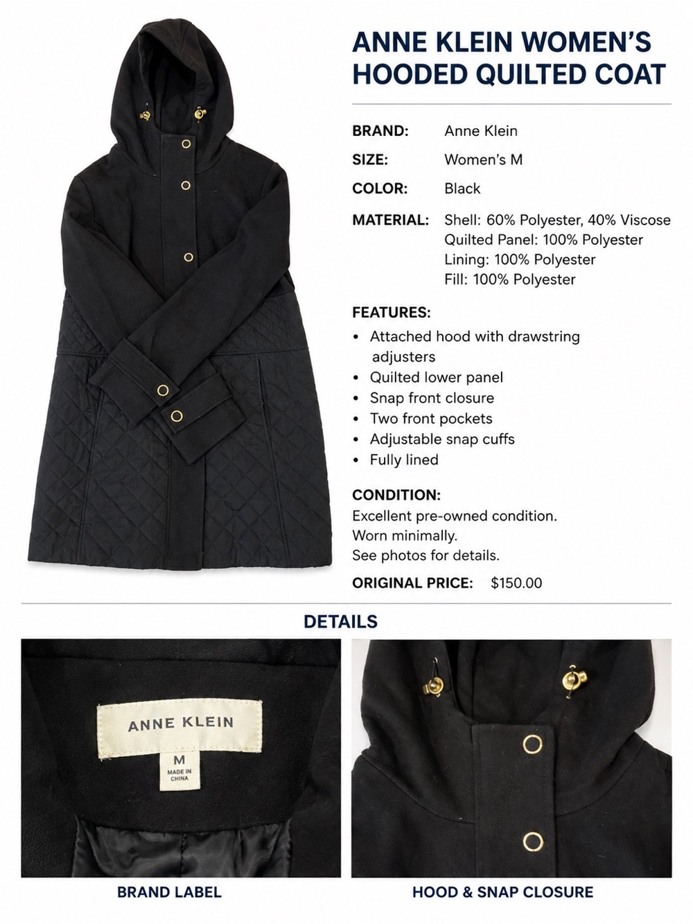 Anne Klein Black Hooded Quilted Peacoat with Gold-Tone Accents